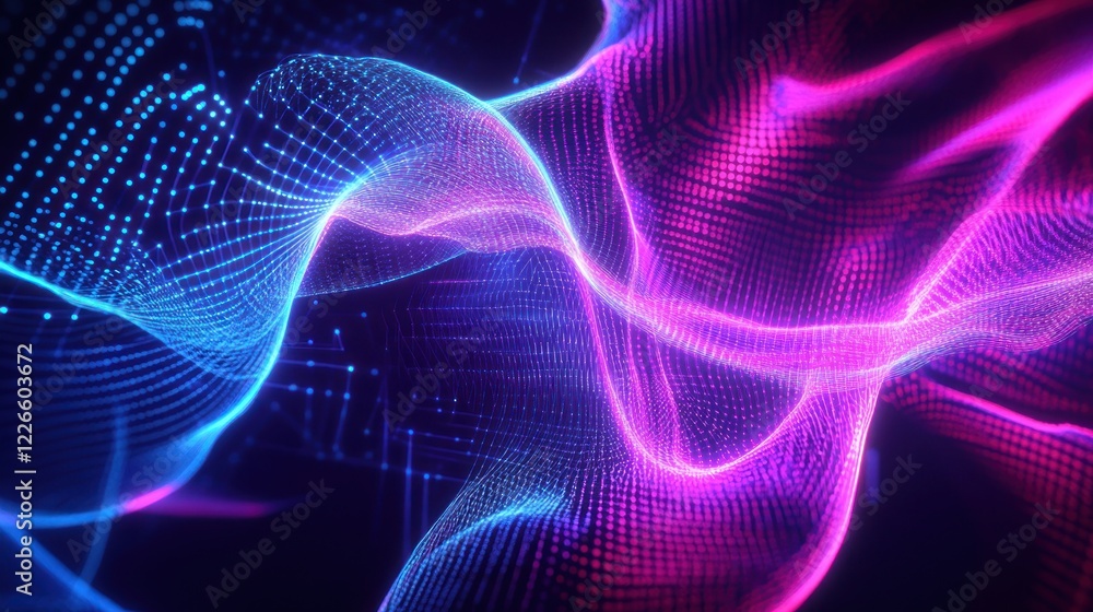Poster abstract digital wave with blue and pink color on dark background creating a futuristic look