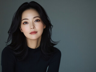 Portrait of a woman with long dark hair and soft expression