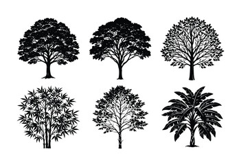 Obraz premium A Bundle Of Black Tree Silhouette On White Background. Tree Isolated Background. Black Tree Without Background. Ai Generated.