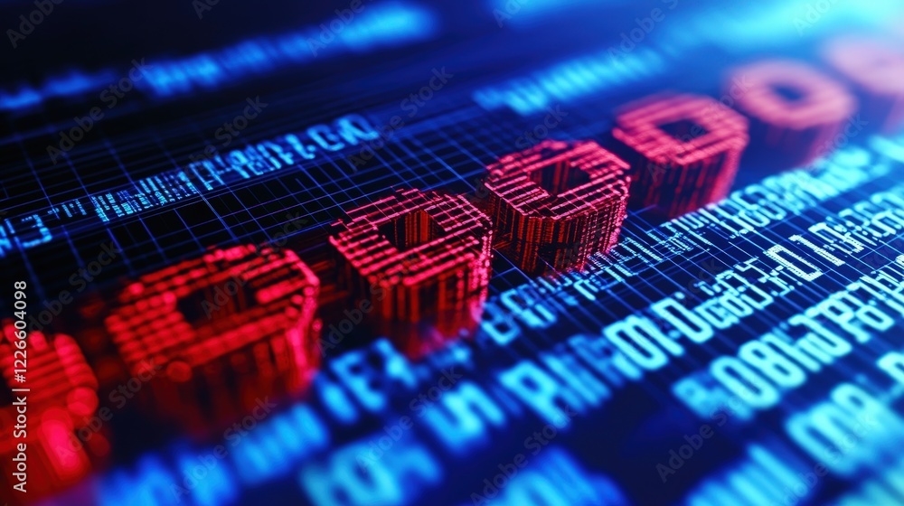 Poster red digital data display on a blue background with futuristic elements