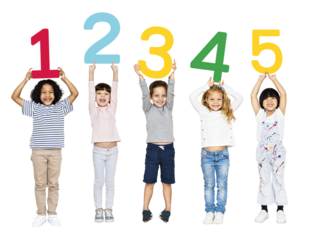 Diverse kids holding numbers png, transparent background
