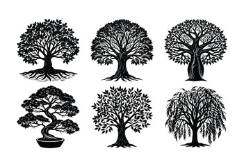 A Bundle Of Black Tree Silhouette On White Background. Black Trees. Tree Silhouette. Silhouette Tree Without Background. Black & White Tree. Ai Generated.