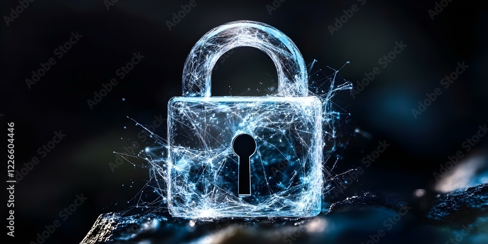 Poster a glowing padlock surrounded by digital particles, representing cybersecurity or data protection the