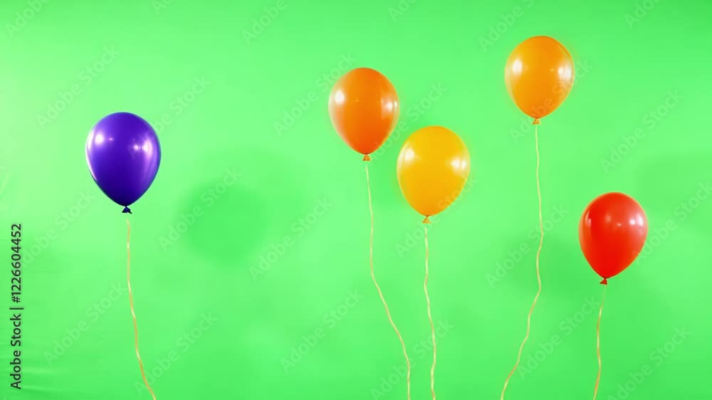Poster an array of colorful balloons dancing on the gentle breeze. green screen chromakey.
