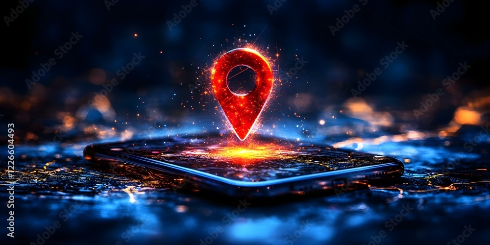 Poster a glowing location pin appears to be emerging from a smartphone, surrounded by a sparkly, abstract b