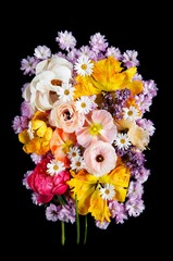 Fototapeta premium A close-up photograph of a vibrant and dynamic arrangement of various colorful flowers, including daisies, poppies, ranunculus, and more, creating a stunning display against a dark background.