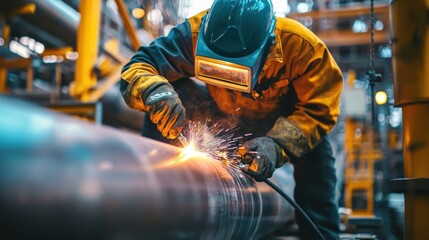 A close-up shot of a welder working on a pipeline installation in an oil refinery, Oil refinery pipeline welding scene, Industrial and skilled style