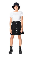 Woman png mockup in yellow t-shirt top and skirt streetwear apparel set