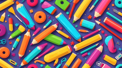 Fototapeta premium Colorful flat lay pattern of pencils, crayons, erasers, and other art supplies on a purple background.