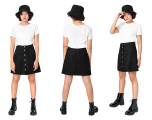 Obraz premium Woman png mockup in white t-shirt top and skirt streetwear apparel set