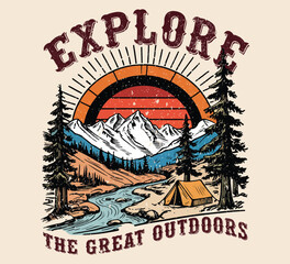 explorer mountain print design, hand drawn water color vintage rocky mountain, adventure outdoors national park,  Go outside vector print design for apparel, sticker, batch, background, poster and oth