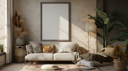 Living room with sofa and white mockup poster frame on the wall.