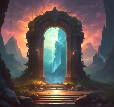 Illustration of glowing portal in new dimension.