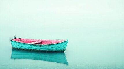 Naklejka premium Serene teal rowboat on misty lake, calm water reflection, peaceful scene