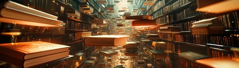 Obraz premium An enchanting library scene with floating books, creating a surreal atmosphere that evokes the magic of reading and imagination in a vast space.