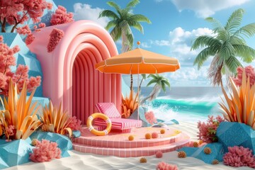 Fototapeta premium 3d rendering composition of summer background with beach umbrella with chair and rubber ring , beach vibes decorate 