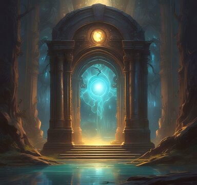 Illustration of glowing portal in new dimension.