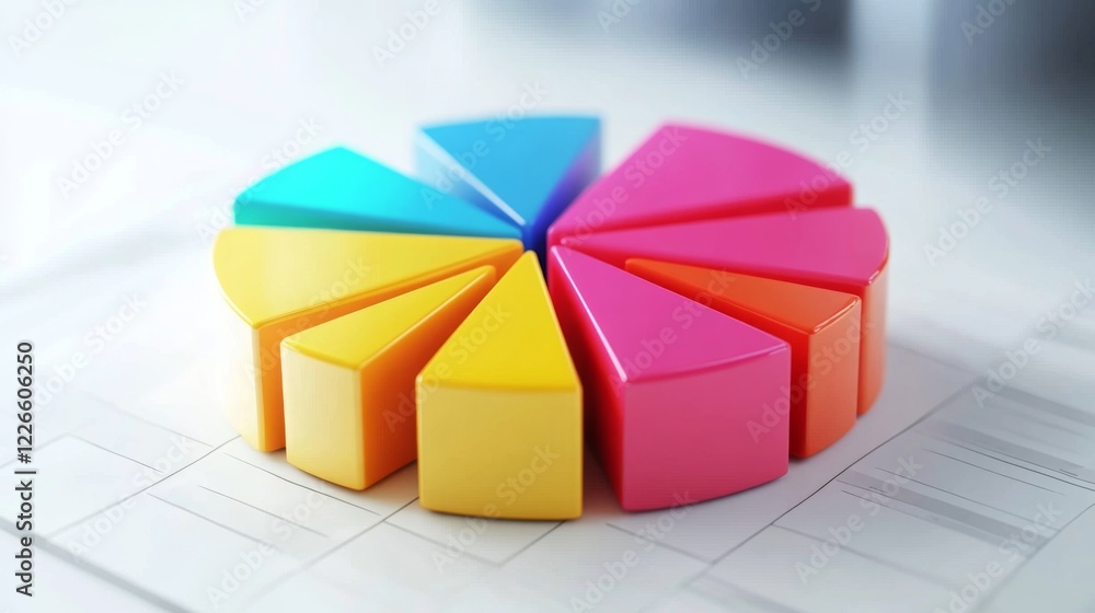 Aufkleber D pie chart with vibrant segments floating in mid-air, set against a white minimalist background