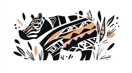 Fototapeta premium Artistic illustration of a decorated hippopotamus nature scene digital artwork creative environment