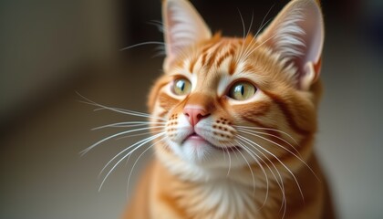 Naklejka premium Cute smiling kitten with a charming expression, Ginger fur stands out against the red background.