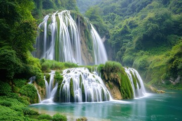 Fototapeta premium Stunning waterfall cascading through lush greenery, surrounded by a tranquil body of water, creating a serene and breathtaking natural environment.