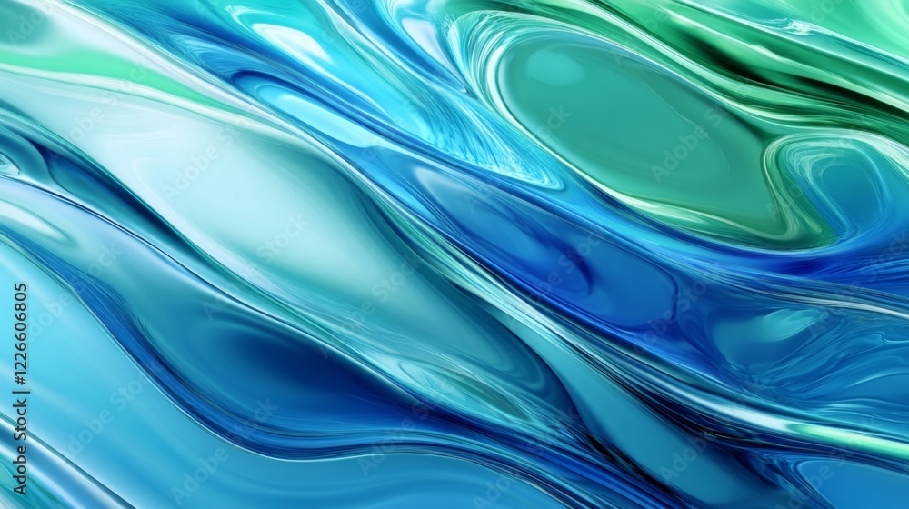 Poster Abstract digital waves in shades of blue and green, representing data flow and technology