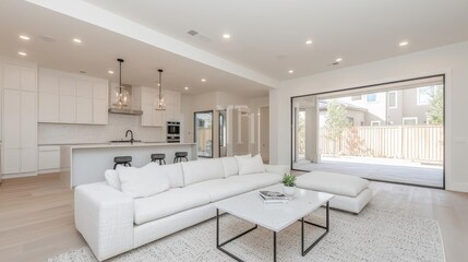 Modern open-plan living room with kitchen and patio access