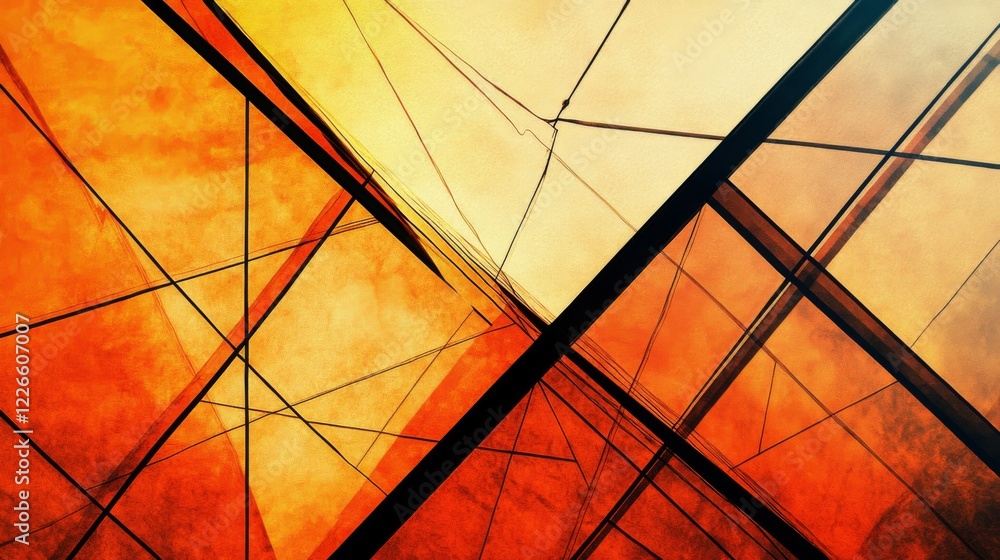 Poster Abstract shot of power lines creating geometric patterns, with the sky in various shades of orange