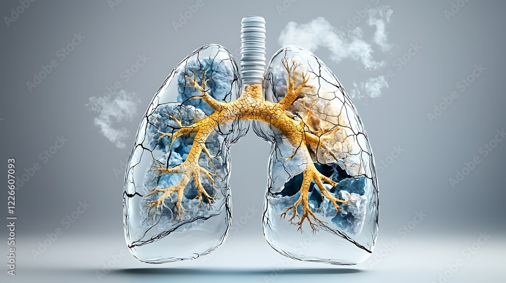 Poster exploring respiratory health lungs visualization science lab 3d model neutral background conceptual 