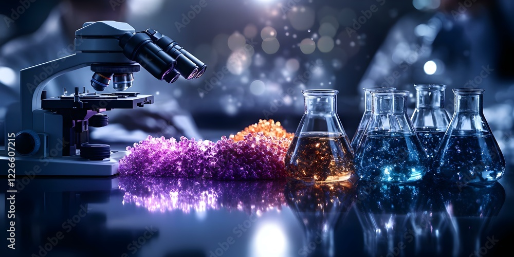 Poster a microscope next to colorful liquids in glass flasks, with sparkling elements in a laboratory setti