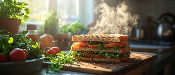 Steaming grilled sandwich on wooden board with fresh vegetables in bright kitchen setting