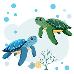Fototapeta premium Sea turtles are cute vector characters, blue and green.