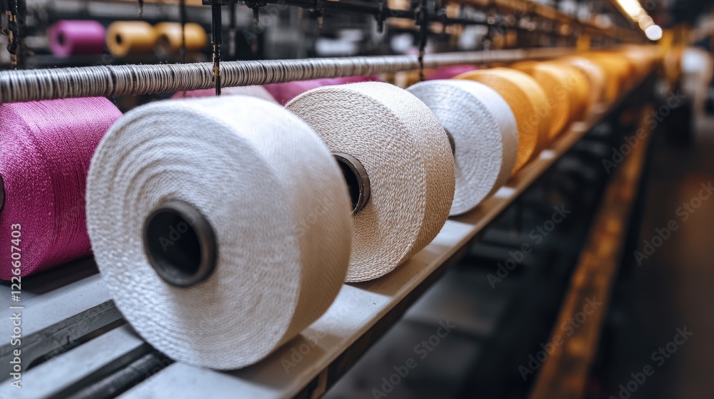 Poster a textile production line at factory, focusing on the fibers from cotton spools.