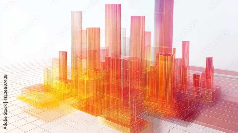 Poster a d chart with multiple layers of transparent bars rising from a grid, illustrating complex data tre