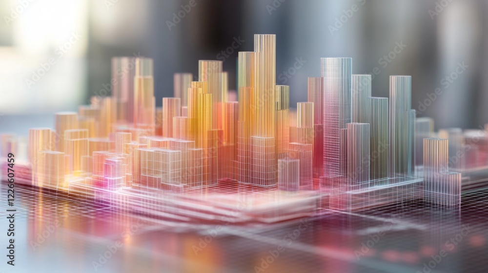 Poster a d chart with multiple layers of transparent bars rising from a grid, illustrating complex data tre