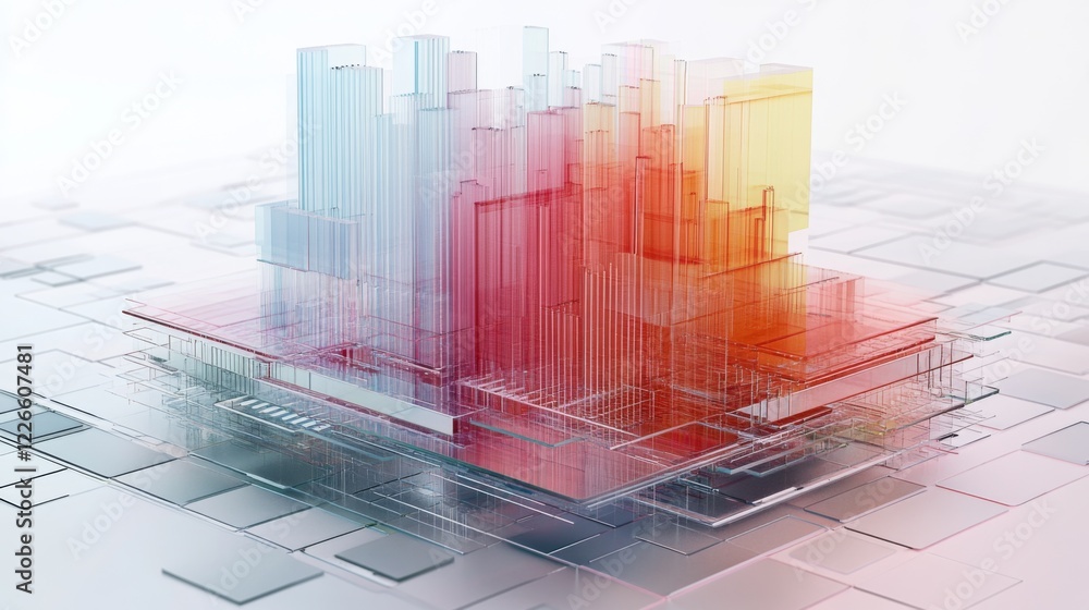 Poster a d chart with multiple layers of transparent bars rising from a grid, illustrating complex data tre
