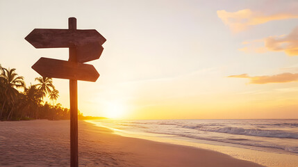 A wooden signpost with empty directional signs stands alone on a deserted tropical beach. The golden sunset illuminates the palm trees in the distance, and gentle ocean waves reflect the fiery hues