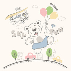 Cute bear vector happily flying with colorful balloons over a busy city skyline in a playful and whimsical design
