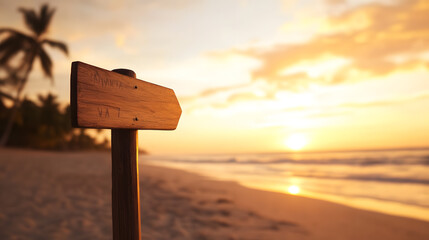 A wooden signpost with empty directional signs stands alone on a deserted tropical beach. The golden sunset illuminates the palm trees in the distance, and gentle ocean waves reflect the fiery hues