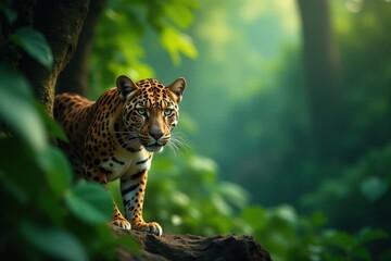 Fototapeta premium A Majestic Leopard in Lush Tropical Foliage, a Powerful Creature Stalking Through the Verdant Undergrowth
