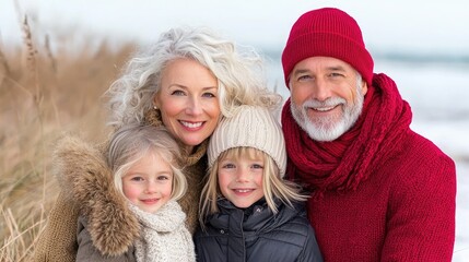 Obraz premium Happy grandparents with granddaughters, winter beach, family portrait, holiday card