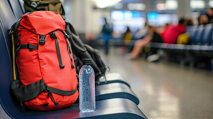 Obraz premium A backup water stick placed beside a traveler backpack in an airport lounge, ready for a journey.