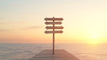 A lone wooden signpost with multiple empty arrows stands at the edge of a wooden pier, pointing in different directions. The ocean extends to the horizon, where the sun slowly dips into the water,