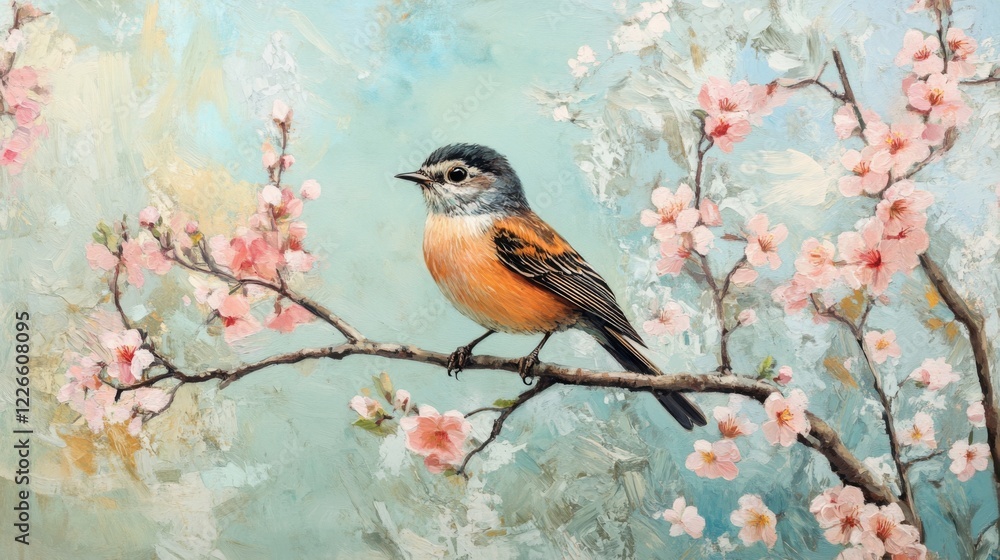 Poster a bird perched on the branch of a young tree, surrounded by colorful spring blossoms.