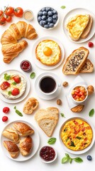 Delicious breakfast spread with various dishes on white surface creating a bright morning mood