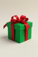 Obraz premium Red ribbon wrapped around a small green Christmas gift box with bows, box, green, bow