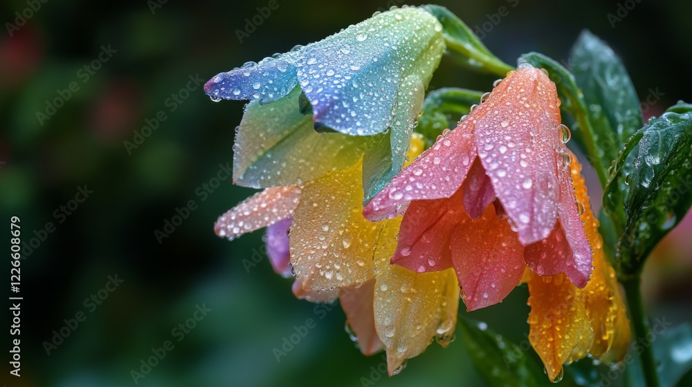 Poster a close-up of a colorful flower with dew-covered petals, captured with soft focus and a light mist i