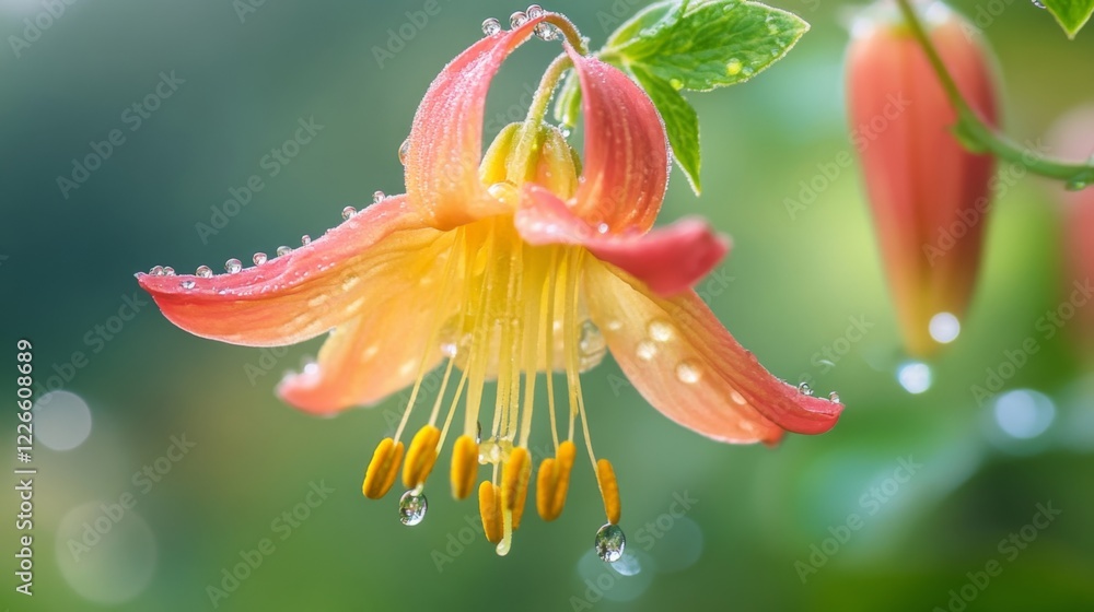 Poster a close-up of a colorful flower with dew-covered petals, captured with soft focus and a light mist i