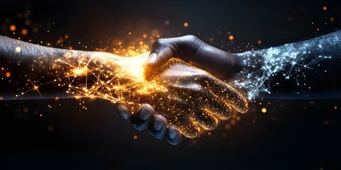A handshake between two hands, one glowing with golden sparks and the other with blue, symbolizing unity and connection. Concept Symbolic Handshake, Glowing Colors, Unity and Connection