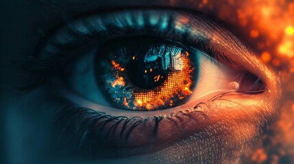 Close up macro photo of a human eye with a digital, abstract reflection in the pupil